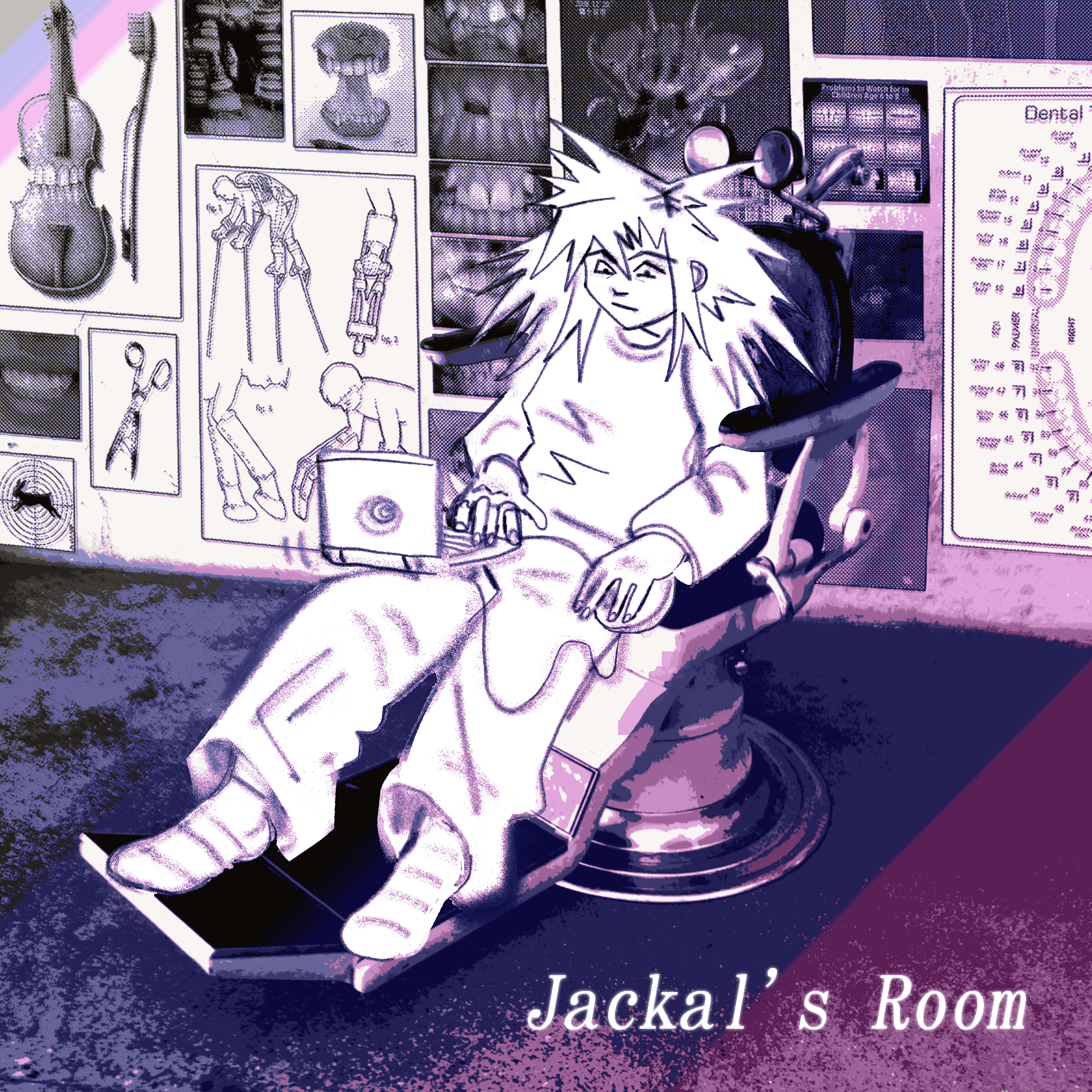 Sound occupies a dental chair, scrolling haplessly on her notebook computer. We are in JACKAL'S ROOM.